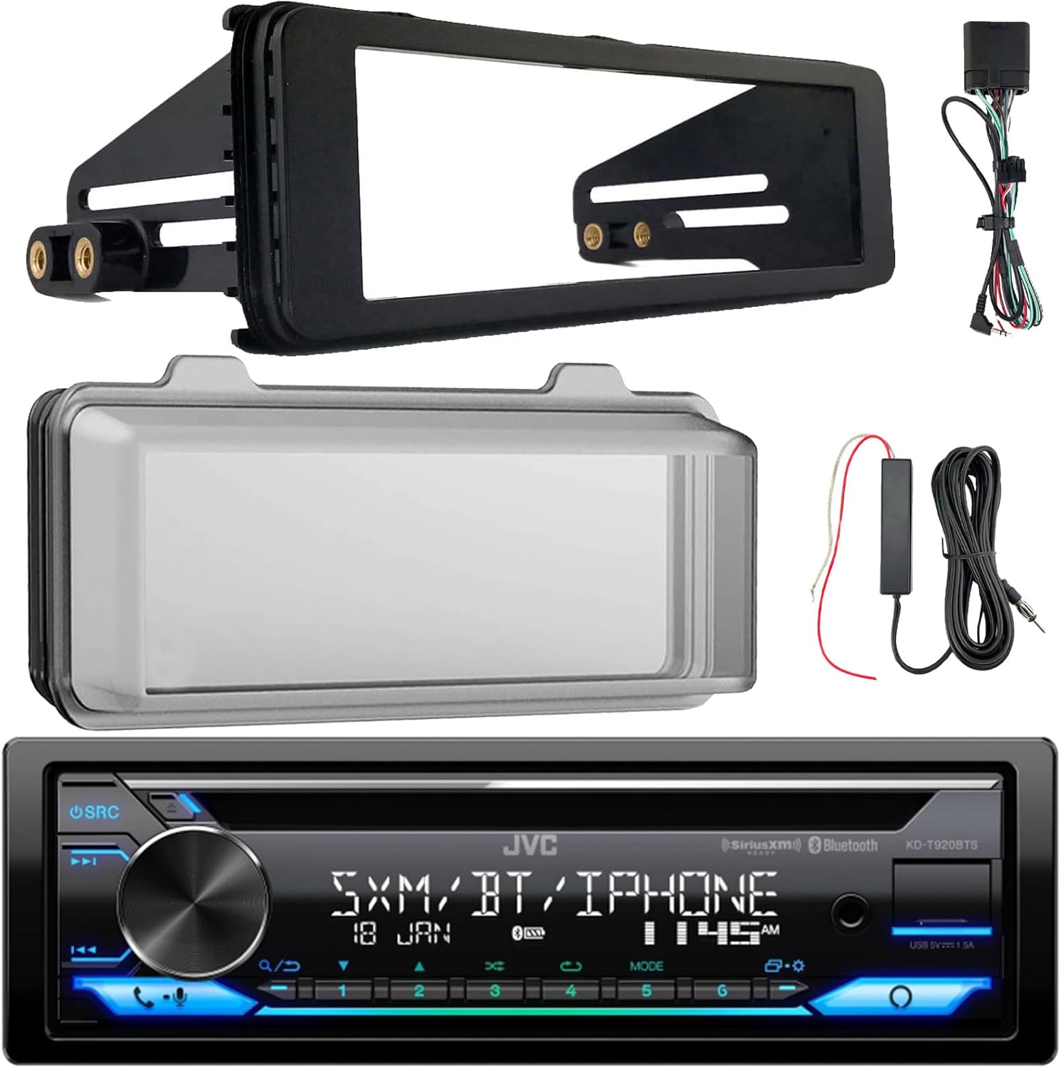 JVC KD-T920BTS Single DIN Bluetooth USB/AUX CD Player AM/FM Multimedia Amazon Alexa Built-in Receiver W/Stereo Install Kit + Weather Shield Receiver Cover, 12V Amplifier Booster Kit