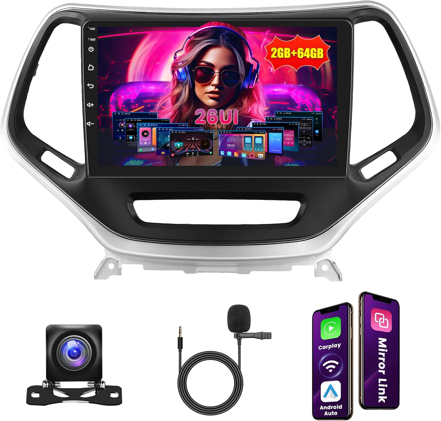 [2+64GB] Android 15 Car Radio for Jeep Cherokee 2013-2018 with Wireless Carplay Android Auto, 10 Inch HD Touchscreen Car Stereo with GPS WiFi Bluetooth FM/RDS EQ SWC 26UI Backup Camera MIC