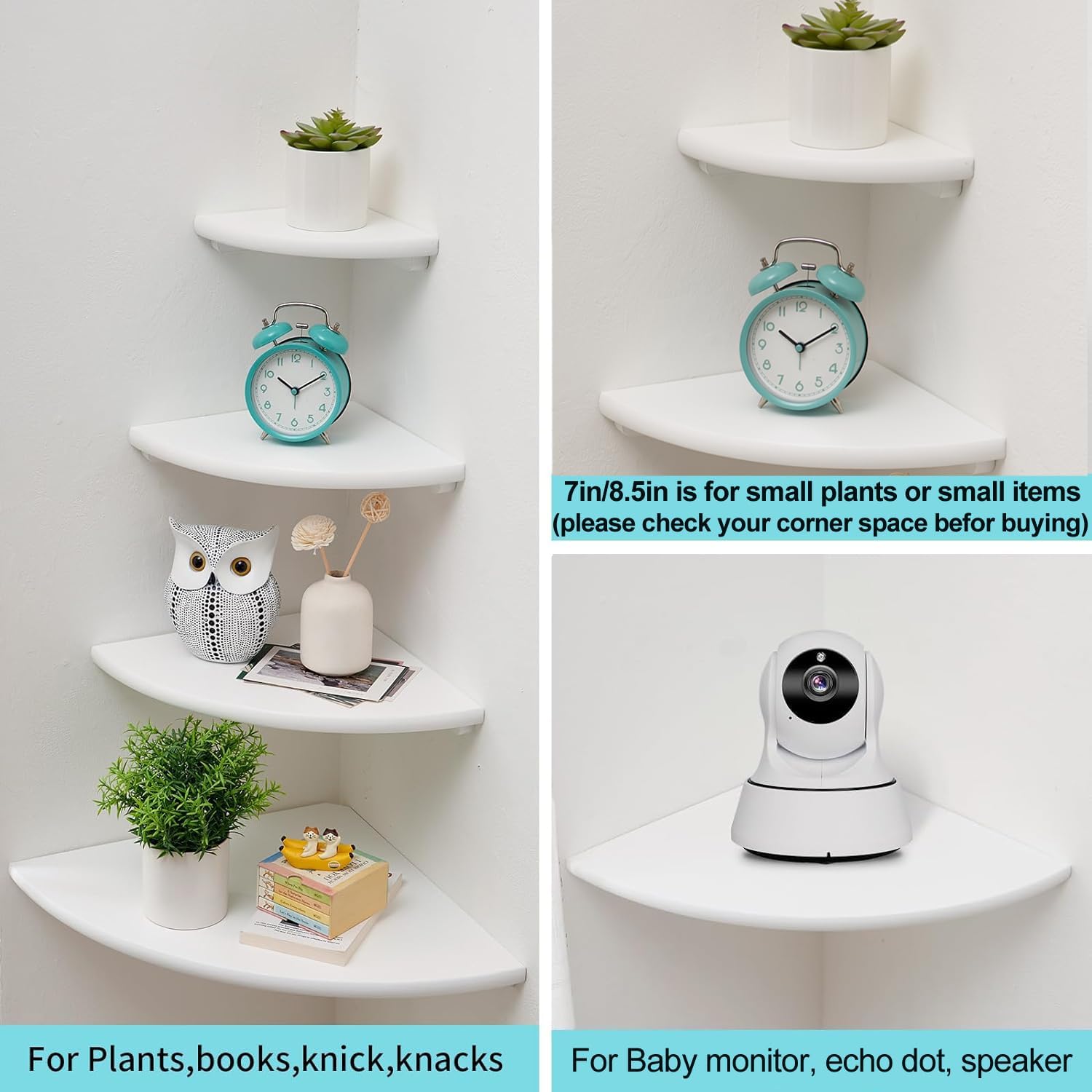 3PCS White Corner Shelves Wall Mount Set Round End Floating Speaker Shelf Display Shelf for Small Plant Photo Frame