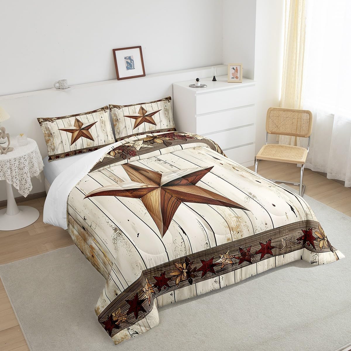 Manfei West Texas Star Comforter Set King Size, Rustic Farmhouse Quilt Set with 2 Pillowcases, Grey Wooden Plank Bedding Set 3pcs for Kids Boys Teens Room Decor, Lightweight Duvet Insert