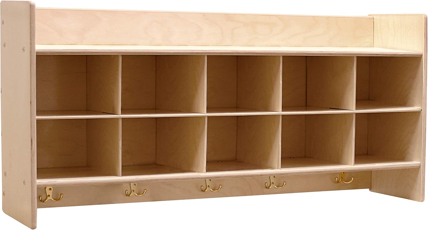 Contender Cubby Storage Organizer Cubes, Daycare Shelves with 10 Cubbies with Hooks and Shelf, Hanging Wall Mount, Furniture for Kids Toys, Classroom, 47-inch Width