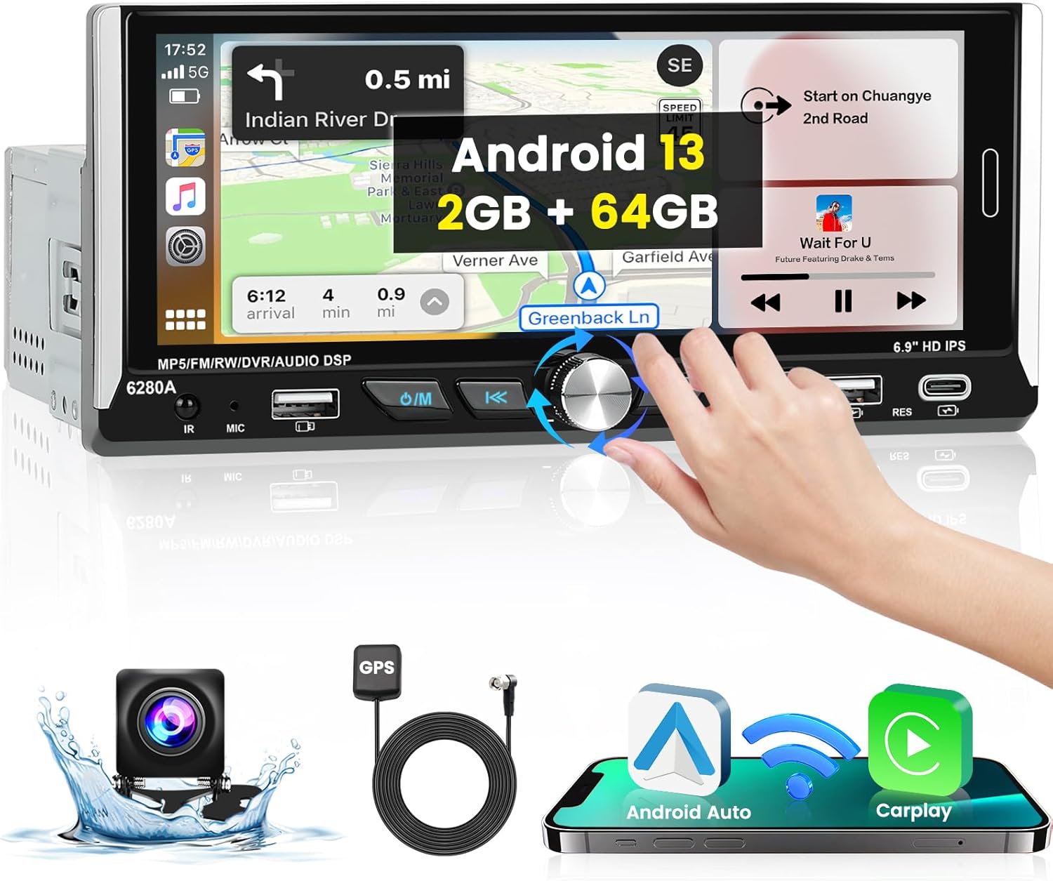 5G WiFi [64G] Android 15 Single Din Stereo Wireless Apple Carplay Car Stereo Android Auto, 6.9‘’ Touch Screen Car Radio Bluetooth GPS Mirror Link FM/RDS, USB/Type-C SWC Backup Cam Split-Screen MIC