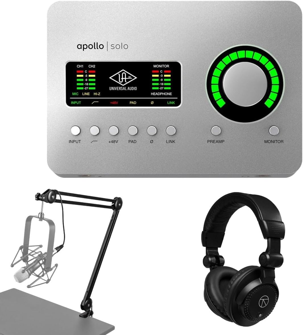 Universal Audio Apollo Solo Heritage Edition Desktop 2x4 Thunderbolt 3 Audio Interface + Broadcast Arm with Internal Springs and Integrated 10' XLR Cable + Closed-Back Studio Monitor Headphones