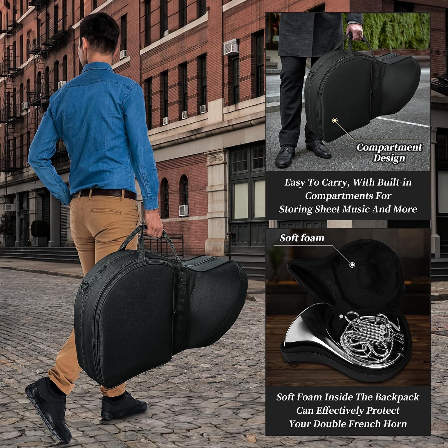 Double French horn, French horn, 4-button F/B tuning, select brass, one-piece French horn design, comes with backpack, gloves, cleaning cloth, and cleaning tool kit(silver, all-in-one)