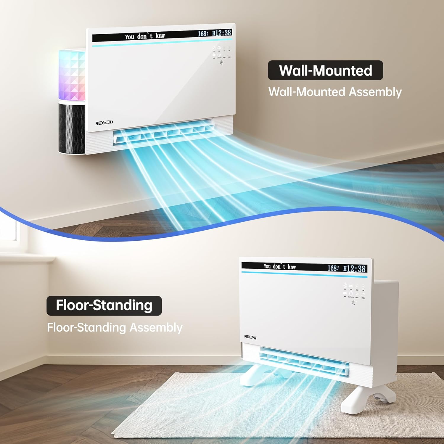 Smart Panel Heater 1800W with Bluetooth Speaker - 6-in-1 Heater Fan, Lyric Display, RGB Lights, App/Voice/Remote/Touch Control, Wall Mount or Freestanding, Compatible with Alexa（White）