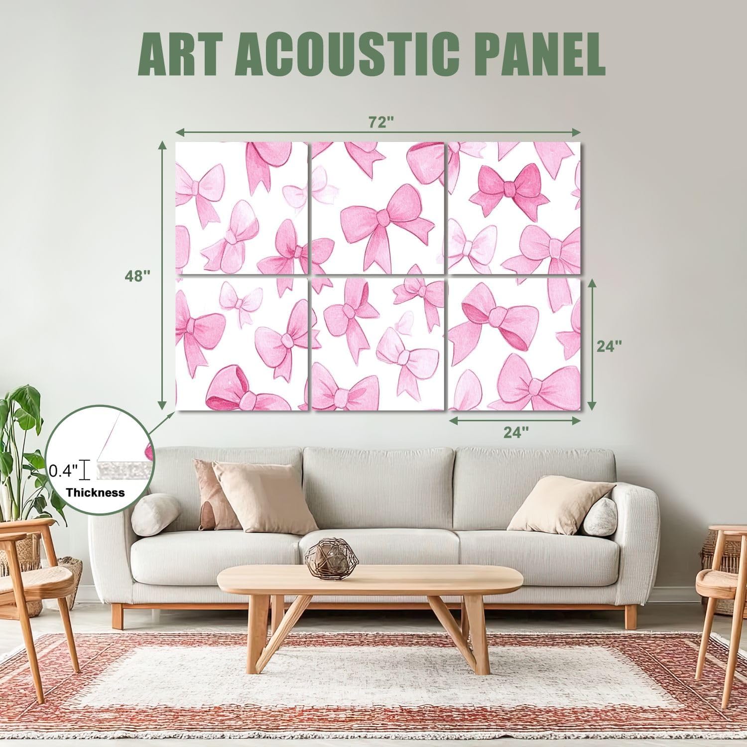 6 Pack Art Acoustic Panels Sound Absorbing Trendy Pink Bow Light Knot Bows Patterns Varying Sizes Cute Playful Decorative Soundproof Wall Panels Self Adhesive for Recording Studios Office 72