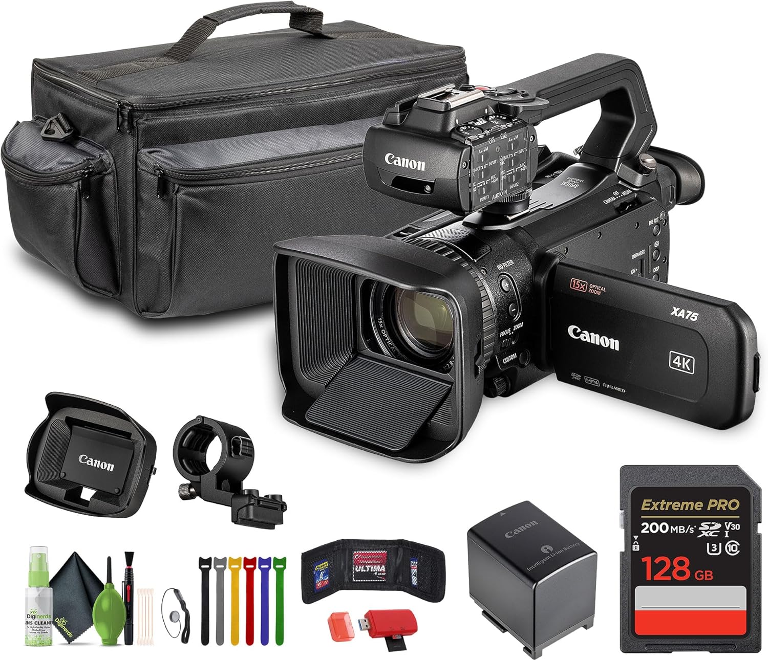 Canon XA75 PAL 4K UHD / 25p Camcorder with Dual-Pixel Autofocus Bundle with + 128GB Memory Card + Carrying Case + Cleaning kit