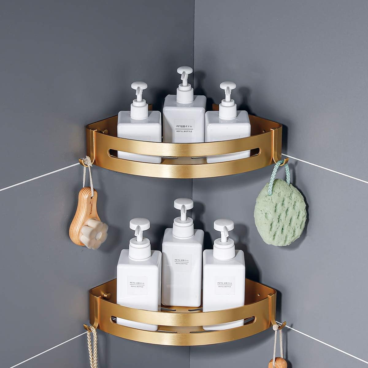 Brushed Gold Bathroom Corner Shelves Wall Mount Shower Caddy with Hooks and Shampoo Holder 2 Pack Drilling or Adhesive Installation