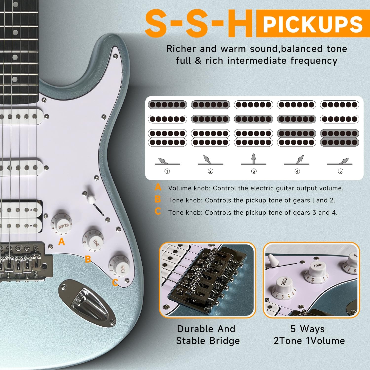 Ermik Soild Body Electric Guitar Kit with Amp 20W, Strings, Strap, Digital Tuner, Picks, Gig Bag, Cable, Tremolo Bar, 39