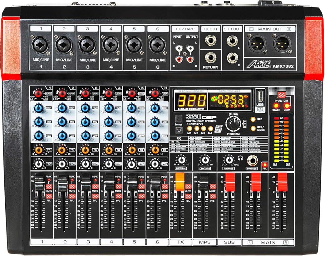 Audio2000'S AMX7382 Six-Channel Powered Audio Mixer with 320 DSP Sound Effects, Stereo Sub Out with Sub-Out Level-Control Fader, Level-Control Faders on All Channels, and USB/Computer Interface
