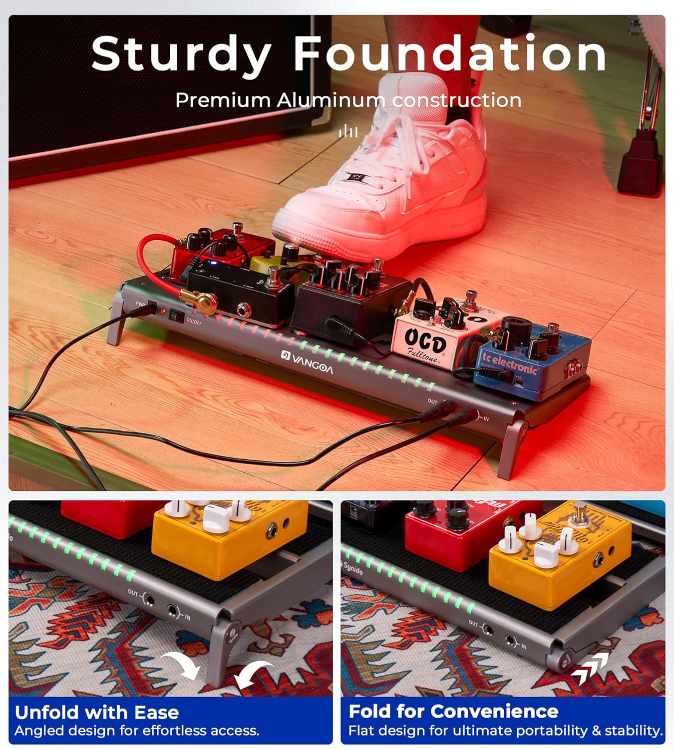 Vangoa Guitar Pedal Board with Built-in Isolated Power Supply, VPPD-S Aluminum Small Portable Folding Powered Guitar Pedalboard with Carry Bag, 2.8lb, Gray