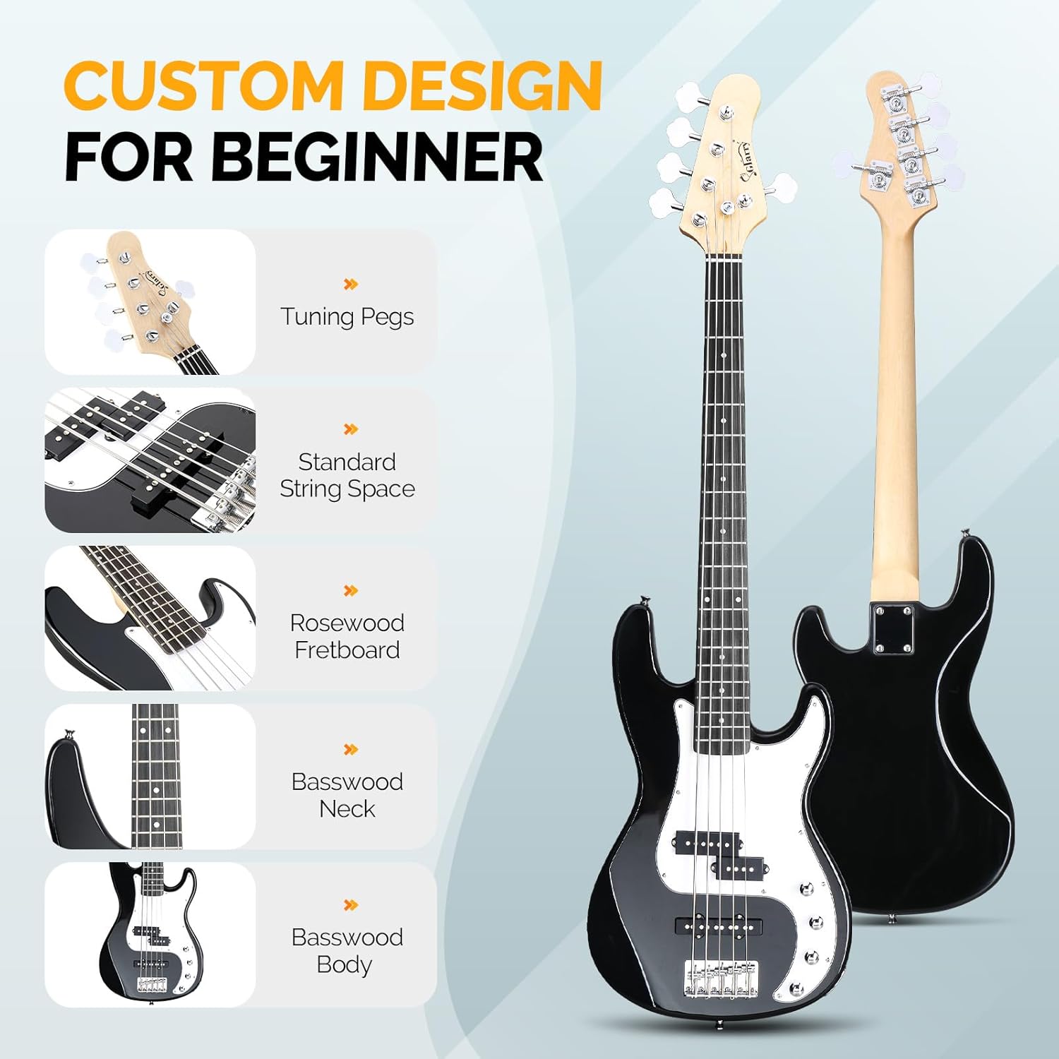 Glarry 5 String Electric Bass Guitar, Full Size Right Handed Rosewood Fretboard Bass Kit with Strap, Cable and Pick (GP Series-Black)
