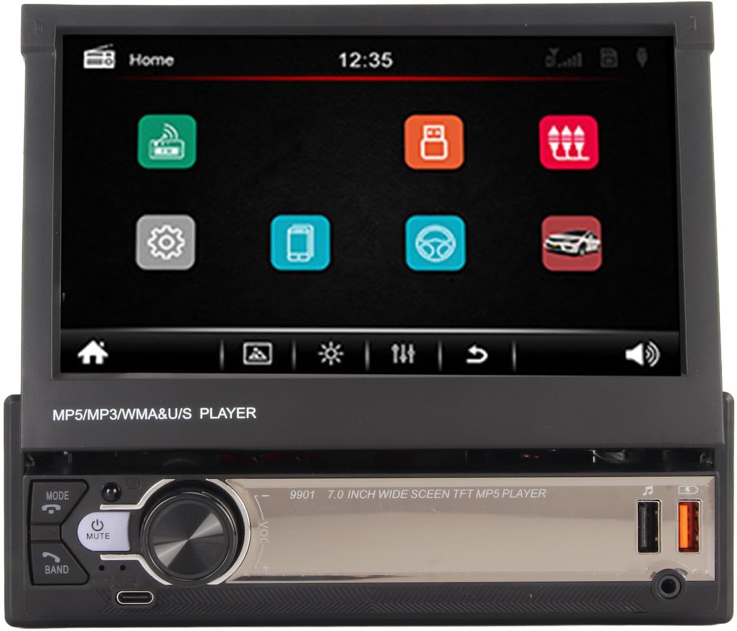 Car MP5 Player, 7in HD LCD Touchscreen Manual Retractable Player, Built in Mic, BT5.1 Stereo Audio Music Player, 12 LED Backup Cameras, USB2.0 Type C PD Port