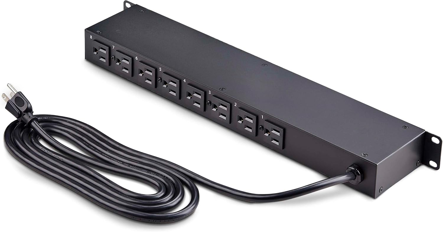 StarTech.com 8-Outlet Horizontal Rack Mount PDU, 1U Power Strip, Outlet On/Off Switches, 15A Breaker, 8ft/2.4m Cord NEMA 5-15, TAA