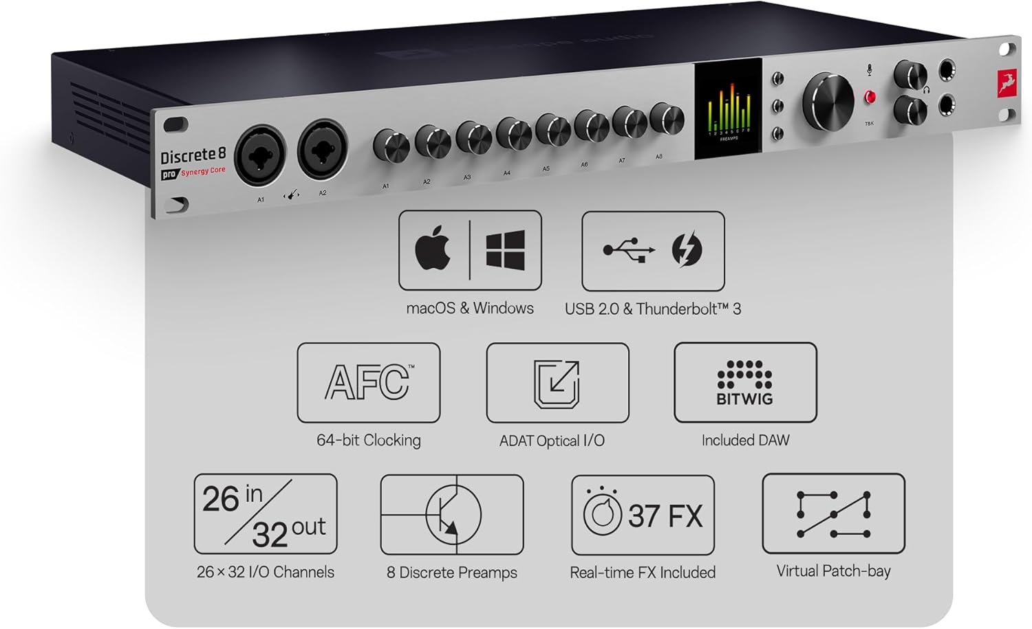 Antelope Audio Discrete 8 Pro Synergy Core Desktop 26x32 Audio Interface - Thunderbolt 3 & USB 2.0 Channel Microphone Preamp Recording, Streaming Studio Audio Interface w/Onboard Real-Time Effects