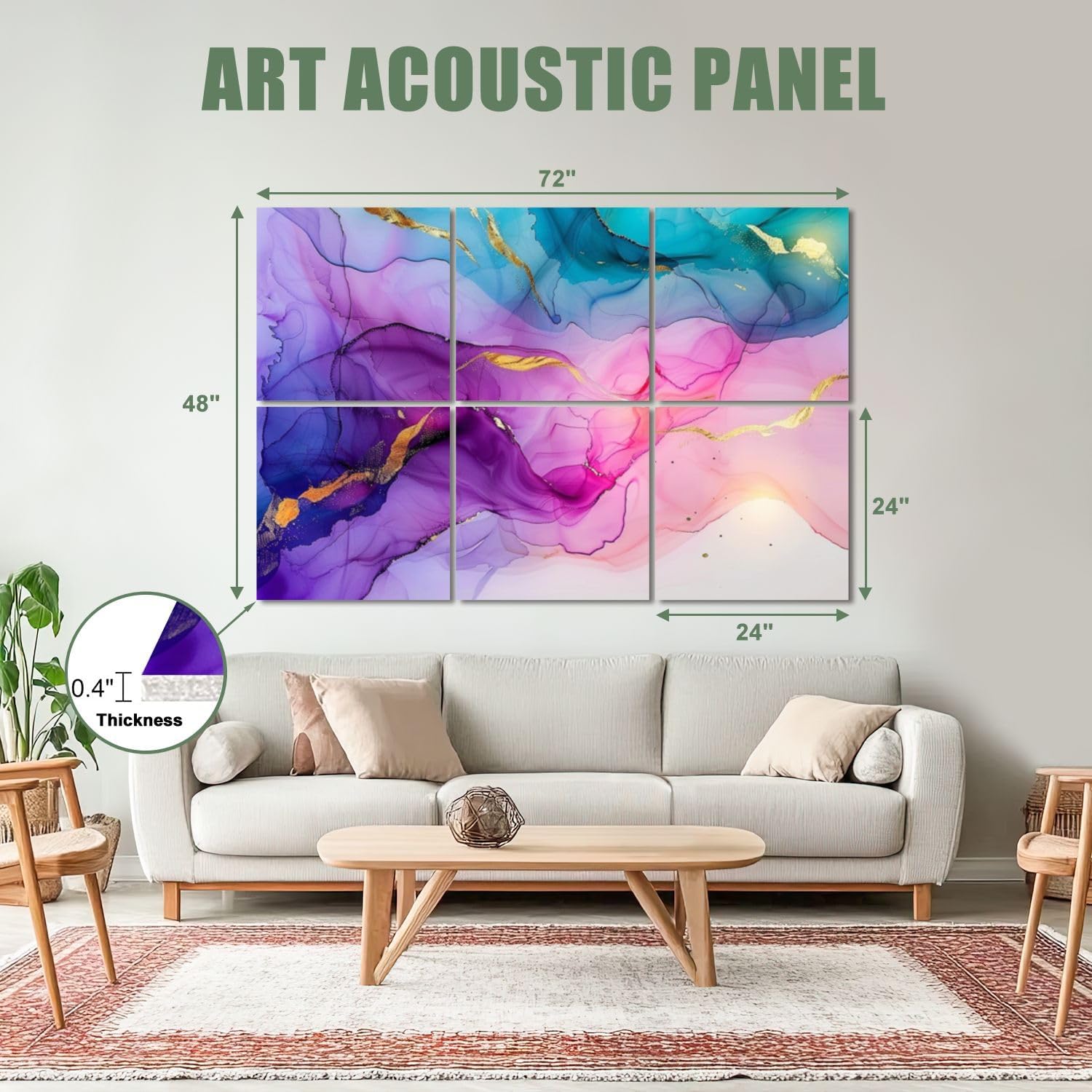 6 Pack Art Acoustic Panels Sound Absorbing Colorful Marble Mural Flowing Colors Gold Veins Purple Hues Blue Tones Decorative Soundproof Wall Panels Self Adhesive for Recording Studios Office 72