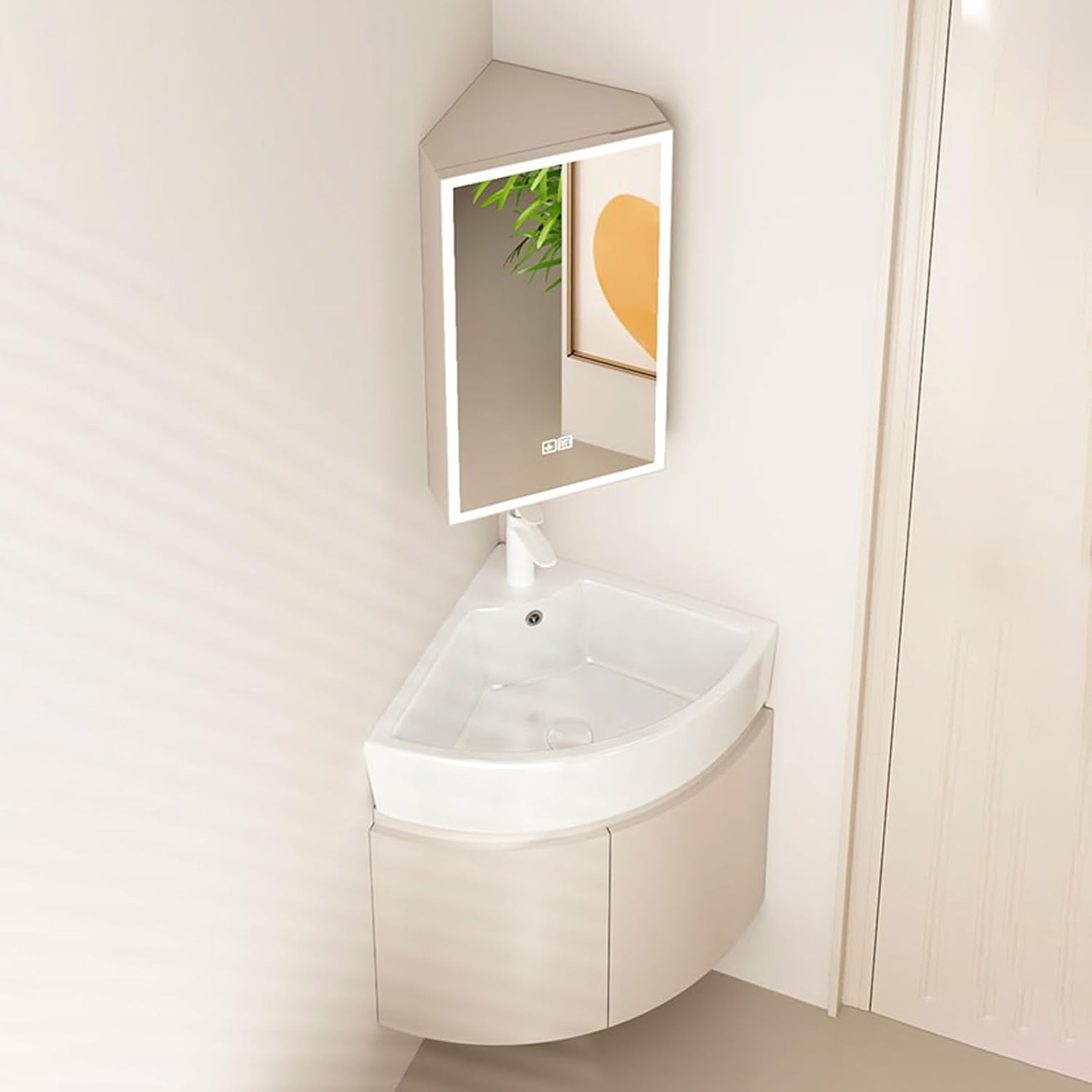 Corner Wall Mount Bathroom Sink, Corner Bathroom Vanity with Sink, Ceramic Corner Sink with Storage Container, Ceramic Wash Basin, Mirror Cabinets with Anti-Fog, for Small Space(33cm/13in)