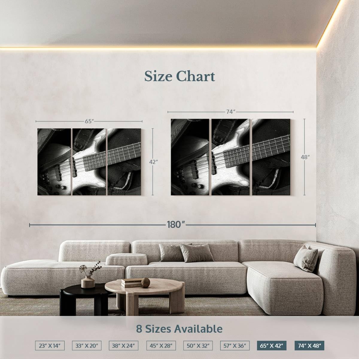 ElephantStock - Monochromatic Bass Guitar Wall Art - Horizontal Multi Panel Canvas - 3 Piece Living Room Wall Decor - Photography Music Multi Piece Wall Art - Black And Gray Decor - 74