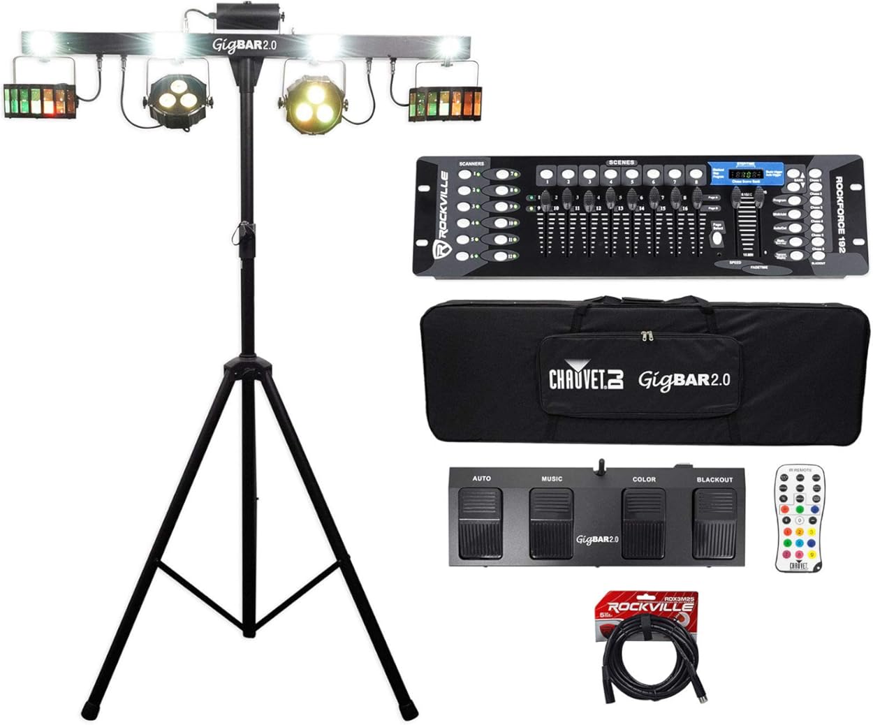 Audiosavings Bundle: Chauvet GigBar 2.0 DMX LED 4-in-1 Light FX Bar w/Tripod+Footswitch+Remote+Bag Bundle with Rockville ROCKFORCE 192-Channel Light/Fog DMX Lighting Controller (2 Items)