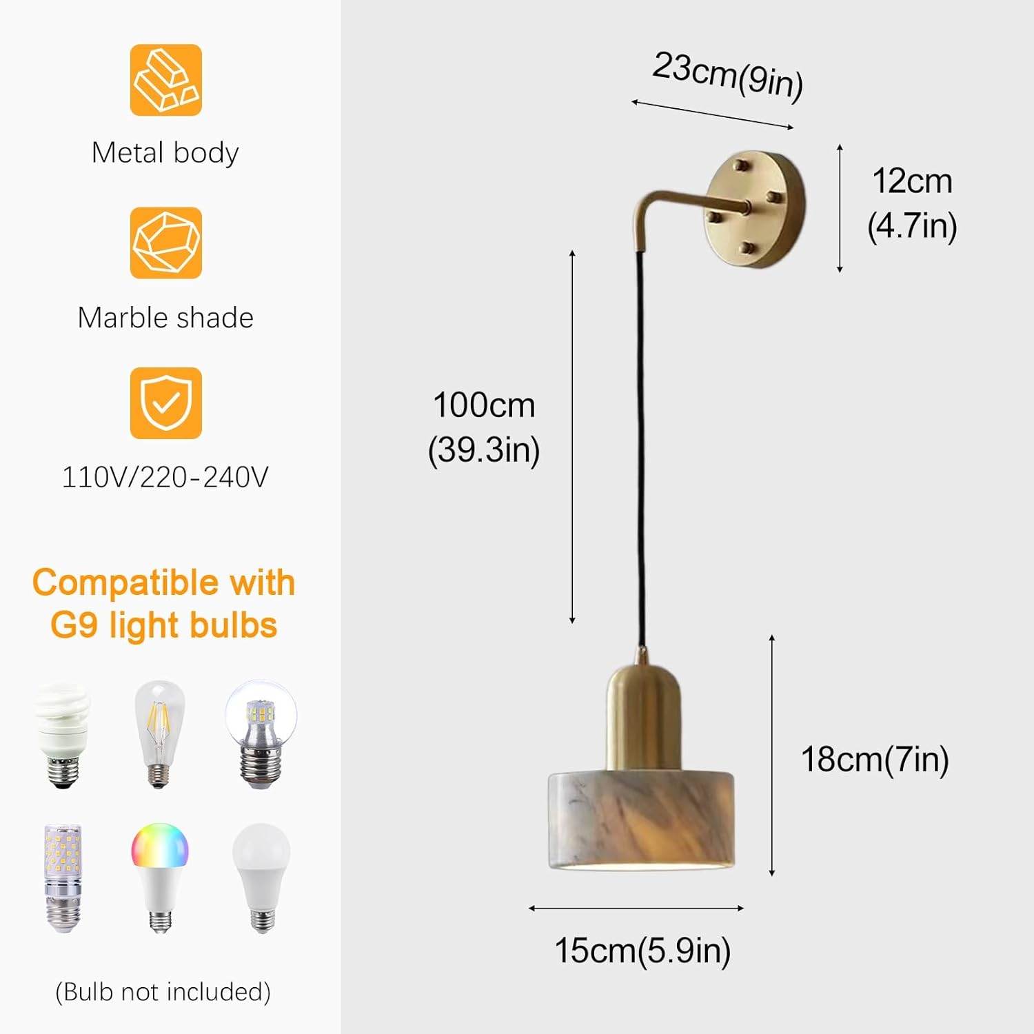 Natural Marble Wall Sconce, Mid-Century Wall Mount Lamp with Stone Shade, Metal Base Indoor Wall Lights, Hardwired Adjustable Height Wall Lamp for Bedroom Bedside Living Room(White)