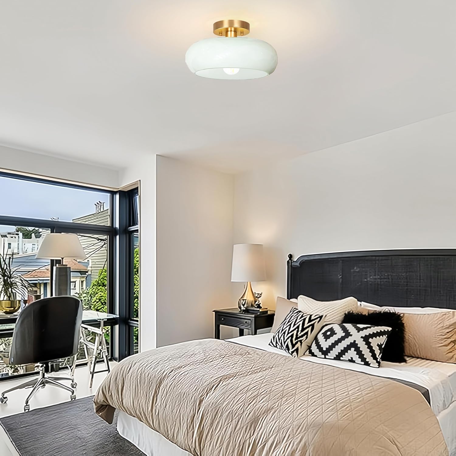 Semi Flush Mount Ceiling Light,11inch Mid Century Modern Light Fixture,Hallway Lighting Fixture with Milk Green Glass Shade,Vintage Ceiling Lamp for Kitchen,Porch,Entryway,Closet