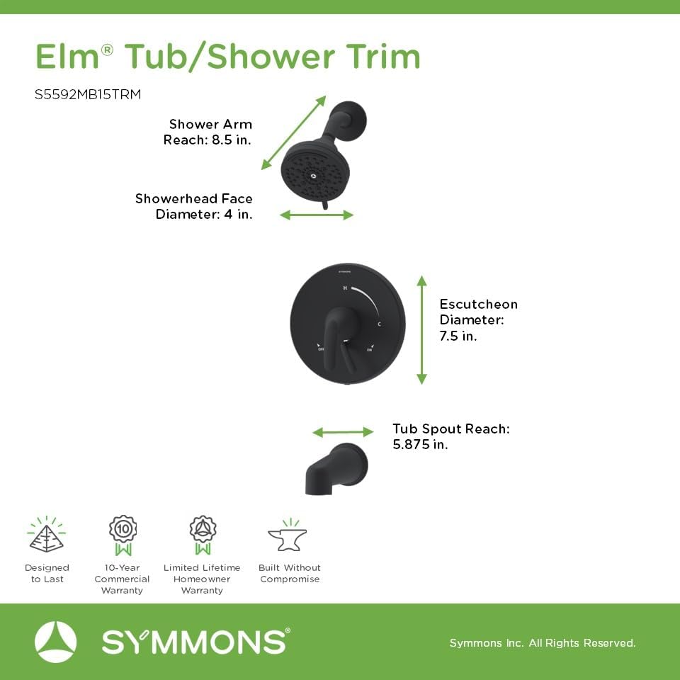 Elm Single Handle Wall Mount Tub and Shower Trim Kit with Diverter Lever in Matte Black - Valve Not Included - 1.5 GPM Flow Rate - S5592MB15TRM