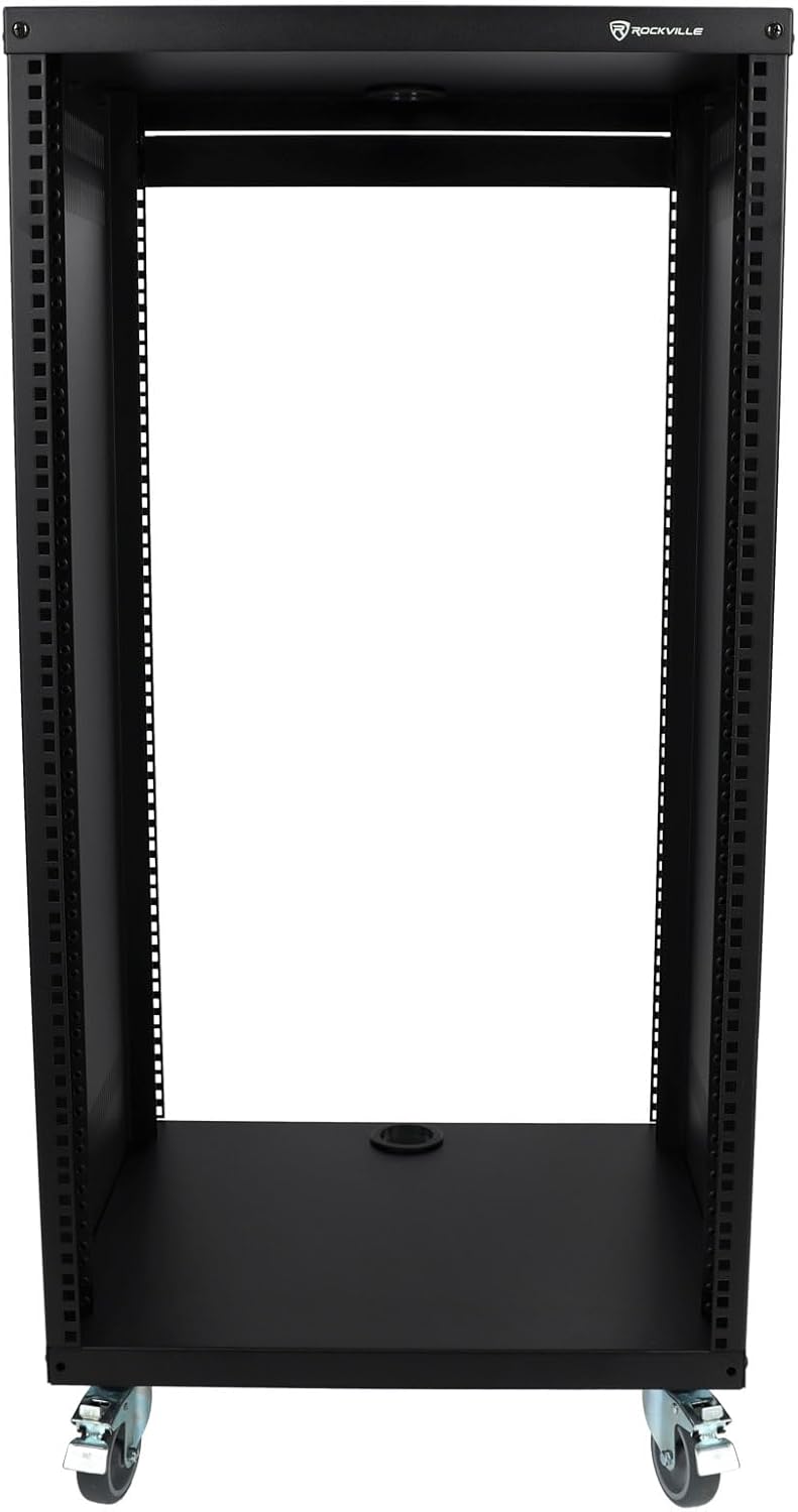 Rockville RR20U 20U Live Sound/Recording Studio Rack Case with Wheels, Reversible Rack Rails, Front & Rear Mounting, Cable Management Ports, 440lb Capacity