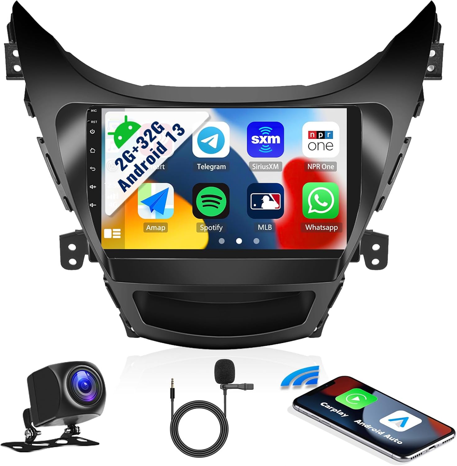 SIXWIN 2G+32G Android 13 Car Radio for Hyundai Elantra 2011 2012 2013 with Apple Carplay Android Auto Mirror Link 26UI Bluetooth 9 inch Touchscreen with GPS Navigation WiFi EQ FM Backup Camera MIC