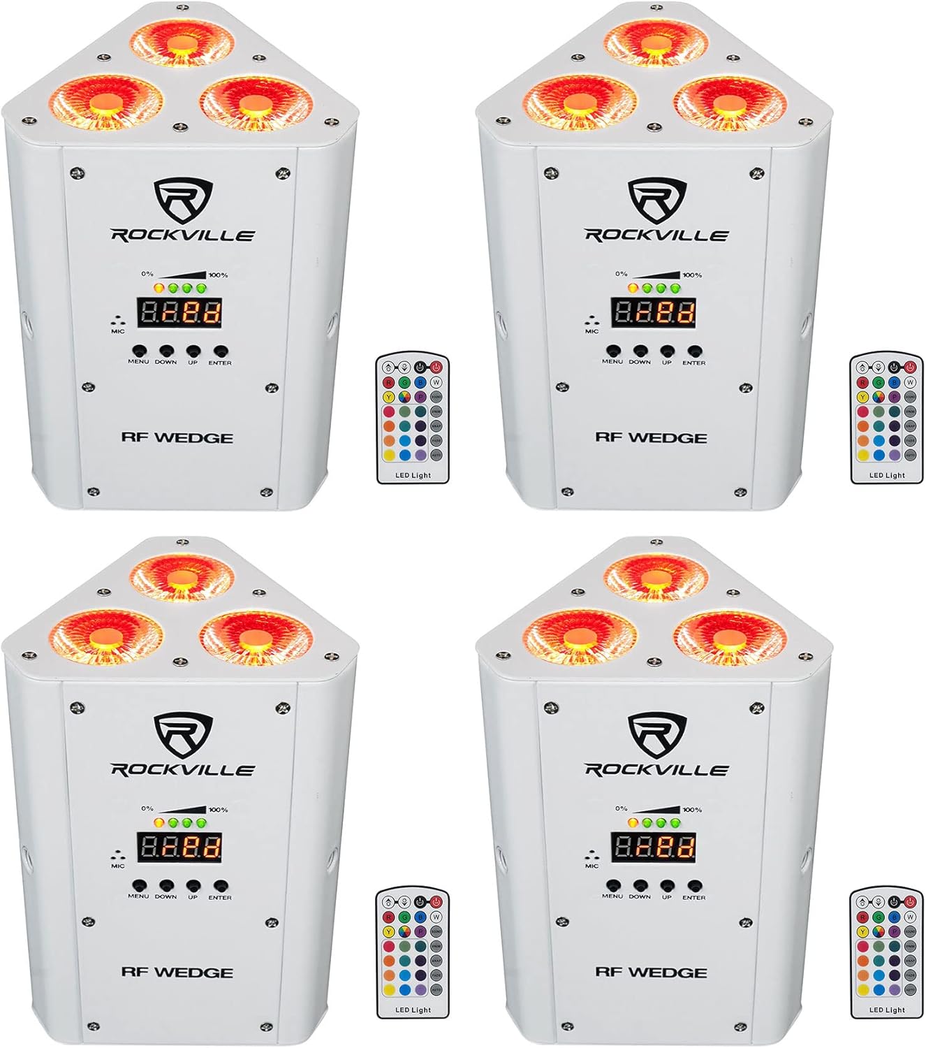 Rockville RF Wedge White 54W RGBWA+UV Battery Wireless DMX DJ Par Uplights with RF Remote, Portable and Customizable Lighting, for Events, 4-Piece
