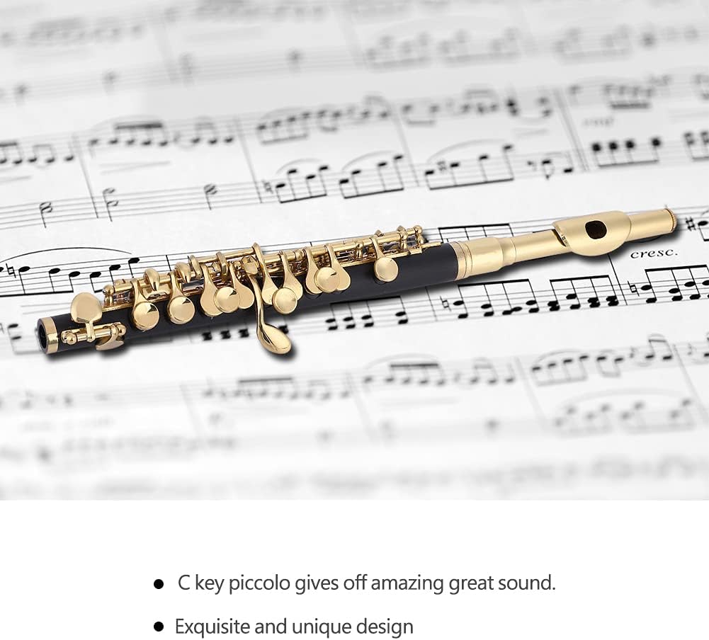 C Key Piccolo Flute Plated Half Size with Padded Box Amazing Sound Unique Design Adjustable Strap C Piccolo Flute for Beginners Students (Gold)