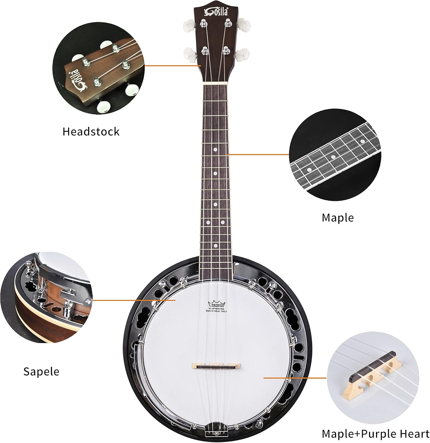 Banjolele 4 String Banjo Ukulele kit Stringed Musical Instruments for Adult Beginner Sapele Body Material Maple Neck Material Type