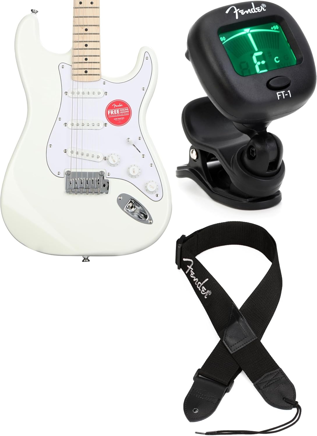 Fender Squier Affinity Series Stratocaster Electric Guitar - Olympic White, Maple Fingerboard, Includes Tuner, Strap, Lightweight Body, 3 Single-Coil Pickups, Tremolo Bridge, Perfect for Beginners and