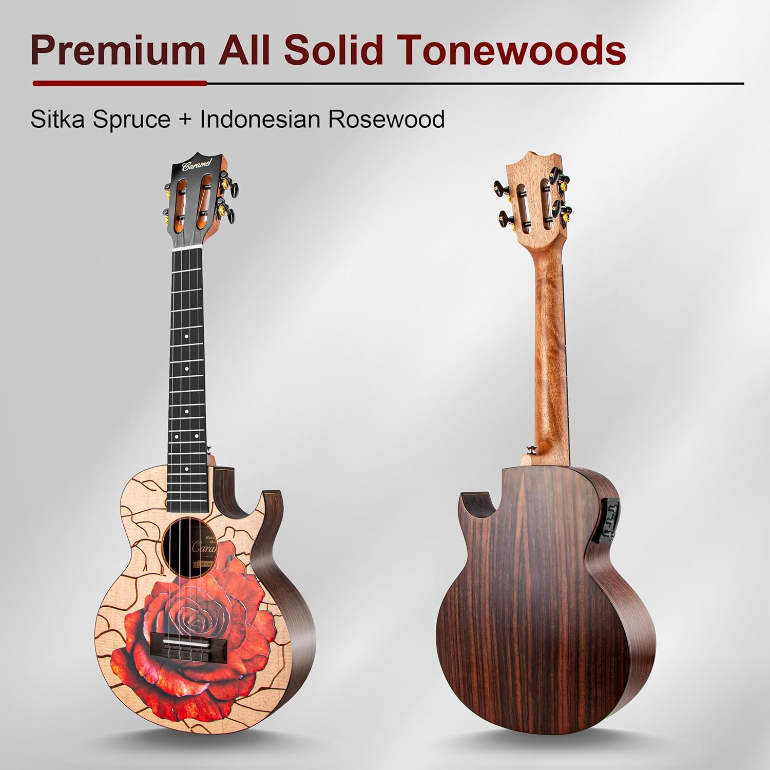 Caramel TEM39 26-inch Tenor Acoustic-Electric Ukulele with Florentine Cutaway, All Solid Spruce & Rosewood, Unique Rose Flower Decorative Top, Handmade Professional Ukulele Kit with Accessories