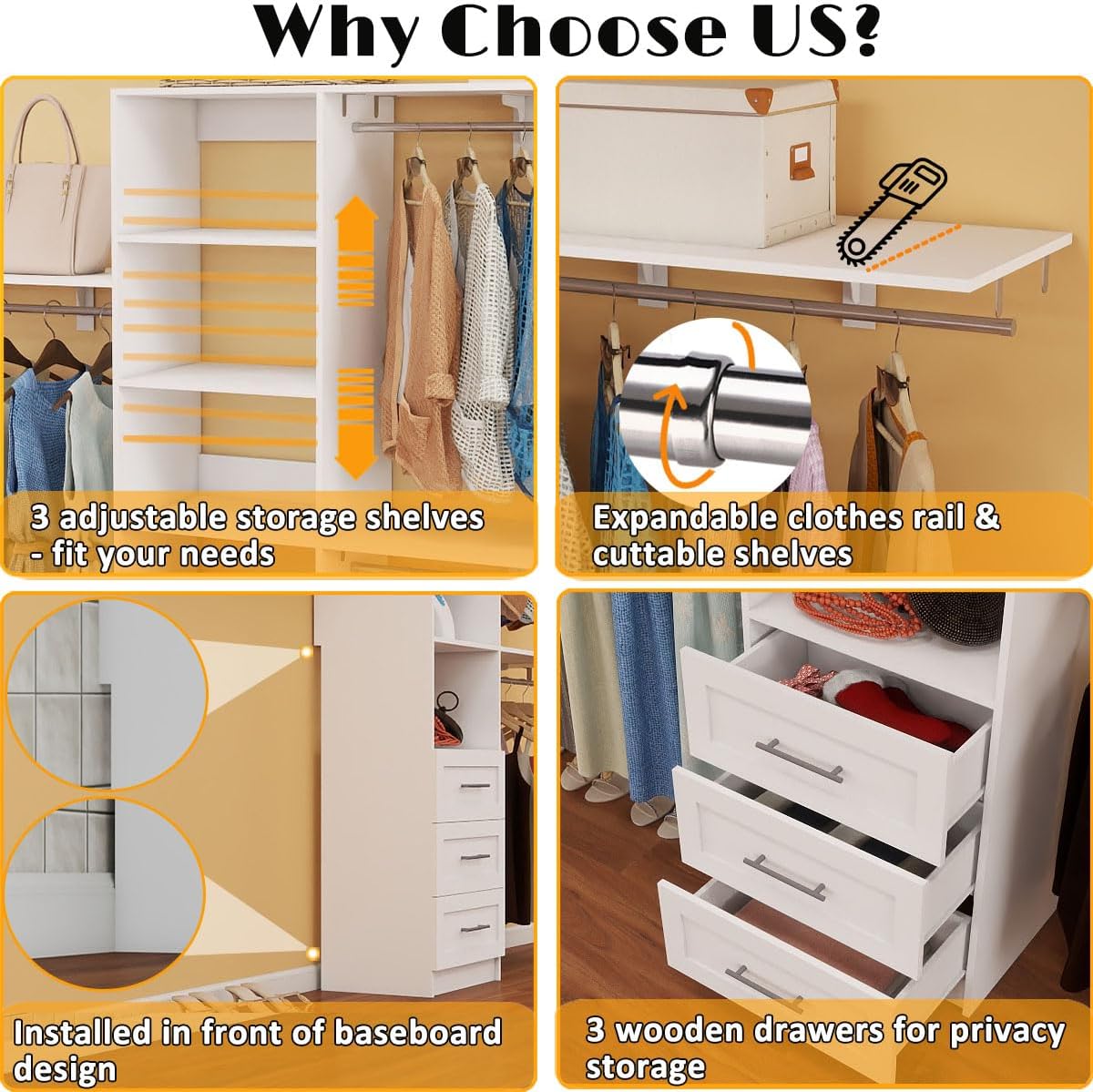 Dilando Closet Organizer System with Drawers, 8FT Closet Shelving System 96