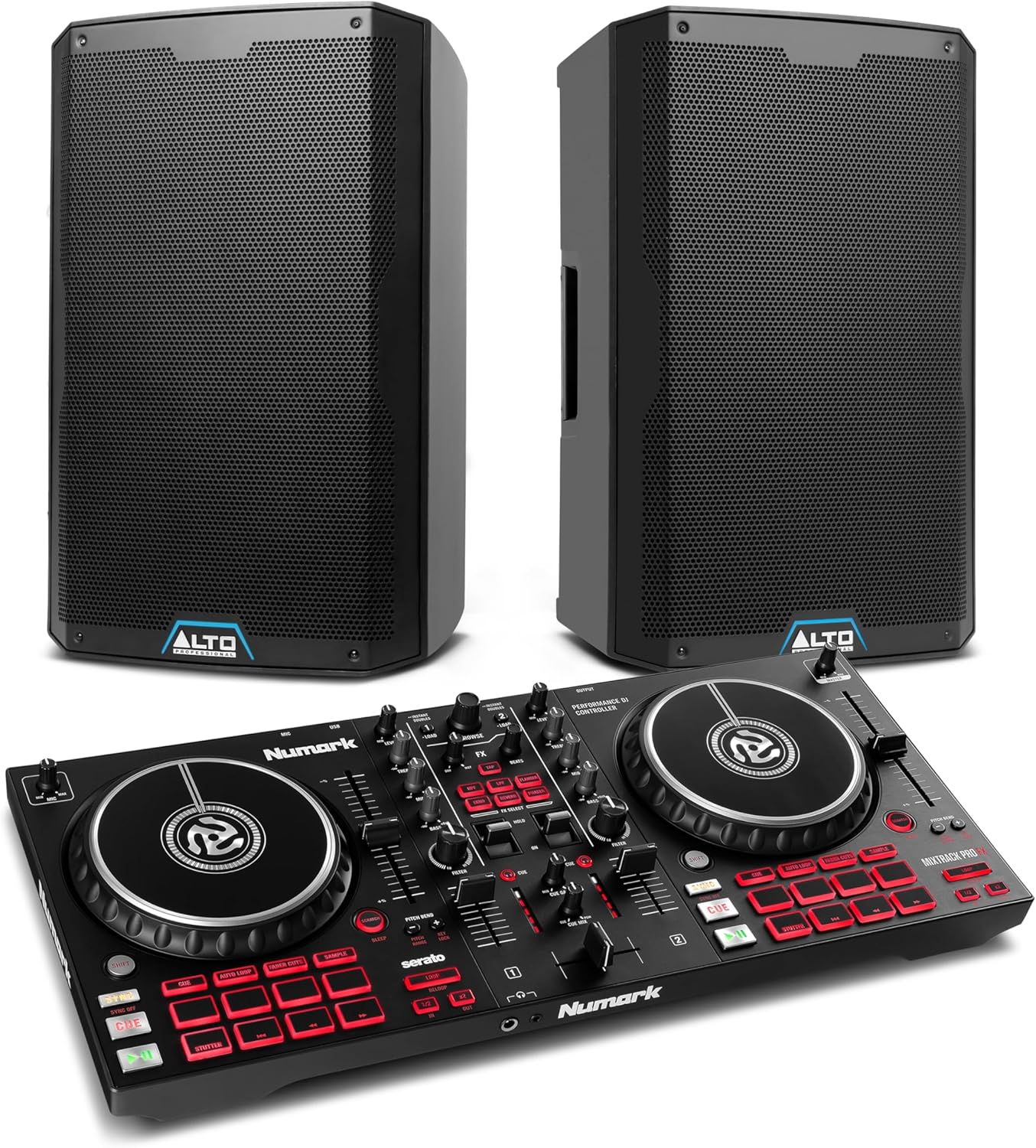 Numark Mixtrack Pro FX DJ Controller and ALTO TS415 Powered PA Speakers Pair for Live Music, DJ sets, Events, Music production