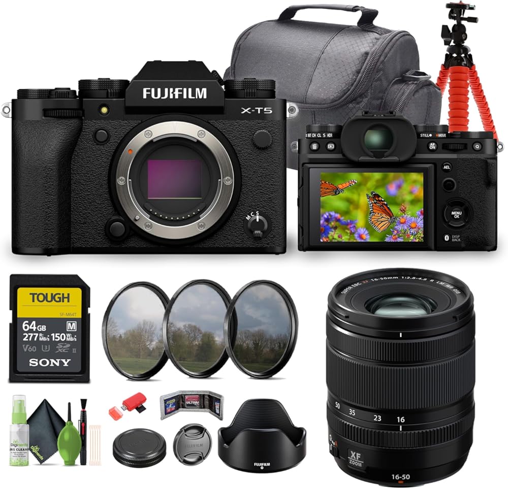 FUJIFILM X-T5 Mirrorless Camera (Black) Bundle with Fuji XF 16-50mm f/2.8-4.8 R LM WR Lens + 64GB SF-M Tough Series UHS-II SDXC Memory Card + Cleaning kit + 12 inch Flexible Tripod + More
