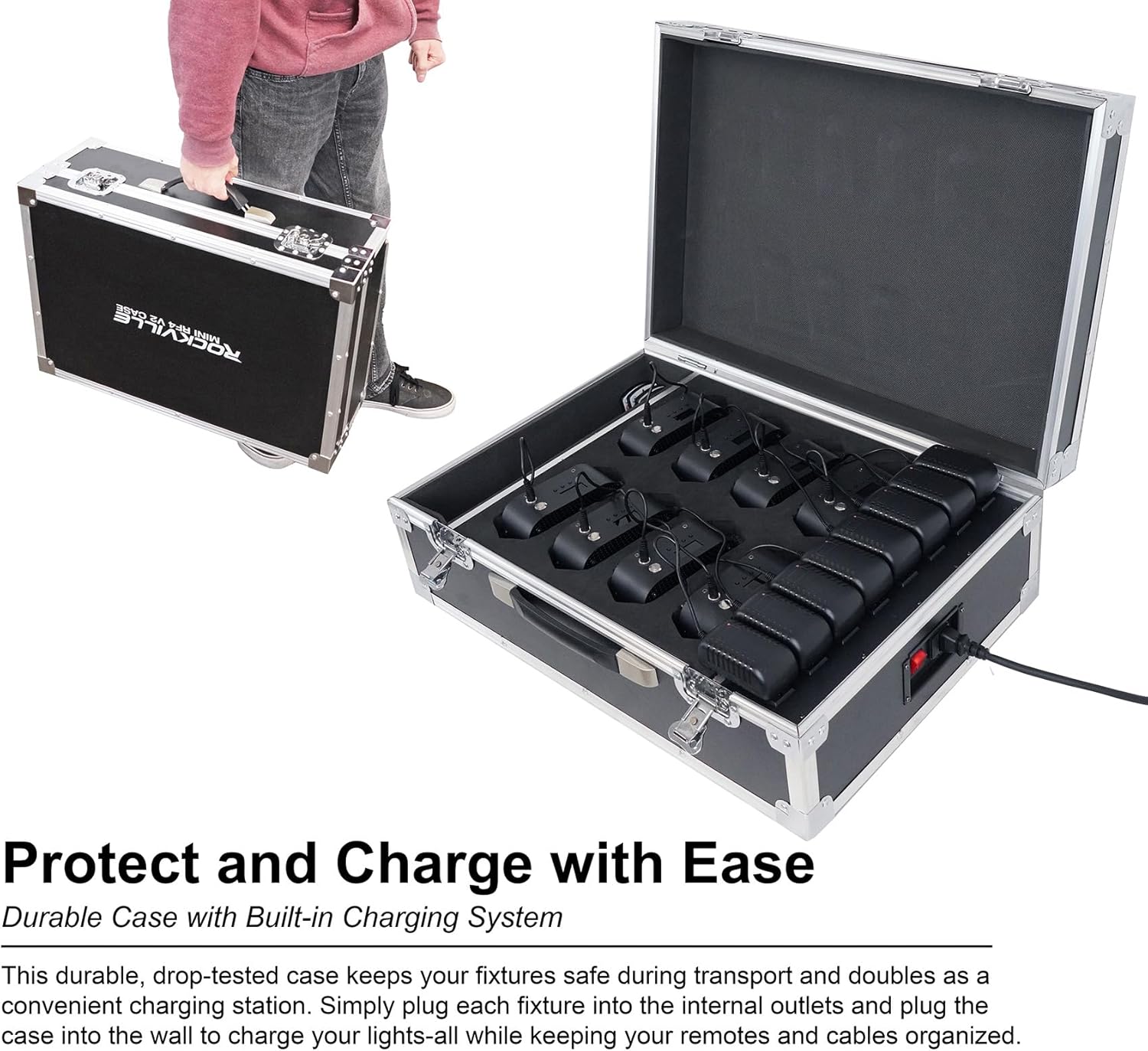 Rockville 8 Pack MINI RF4 V2 Black LED Par Wash Up Lights with Charging Case, RGBWA+UV, App, Wireless DMX, Rechargeable, Perfect for DJ/Events