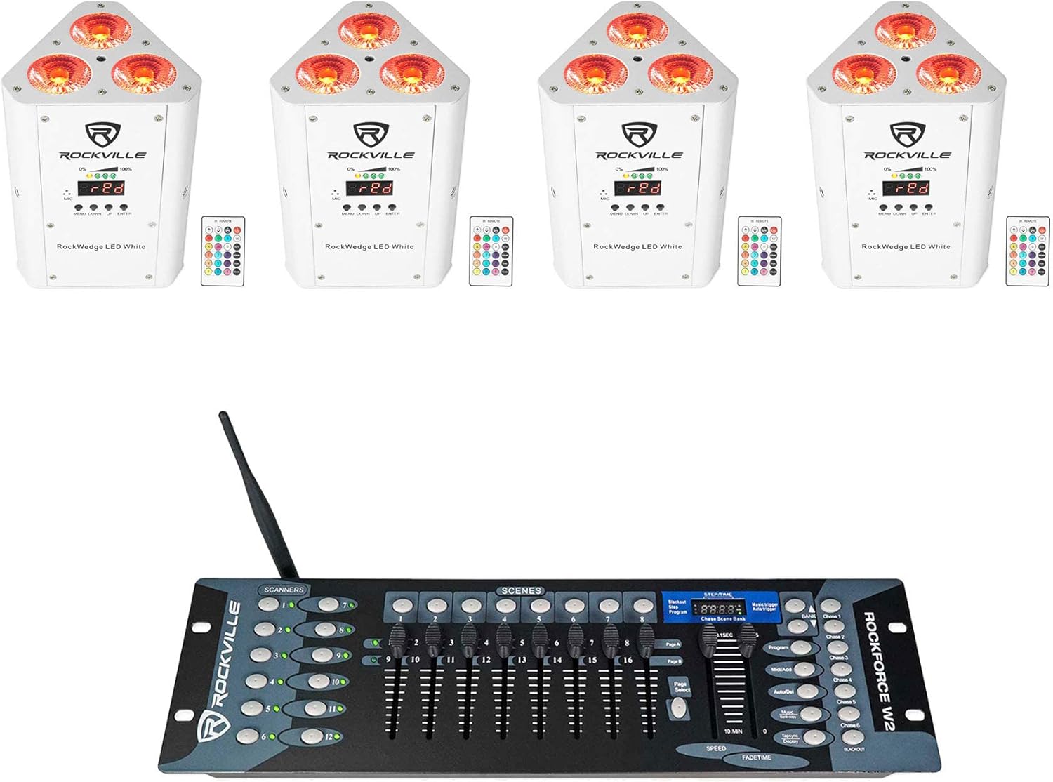 Rockville RockWedge LED Bundle: (4) RGBWA and UV Rechargeable Wireless DMX Par Wash Up-Lights, ROCKFORCE W2 192 Channel Lighting Controller, White, 5-Items