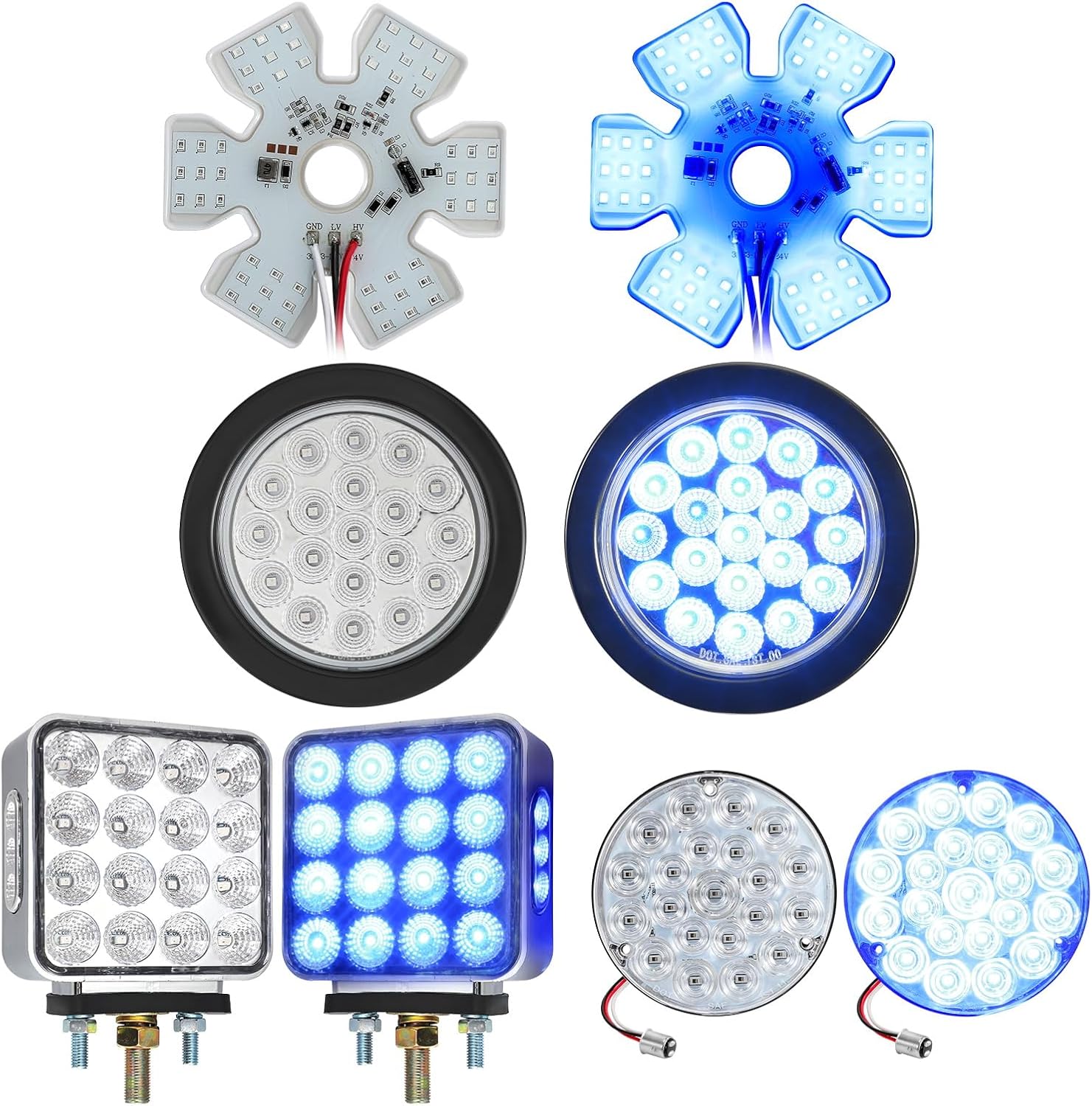 Partsam 2x 4 Blue Round Tail Lights 1157, 2x 4.8 Blue Air Breather Lights, 2x 38LEDs Square Double Face Amber Red Blue, 2x 4 Red Blue Round Tail Lights