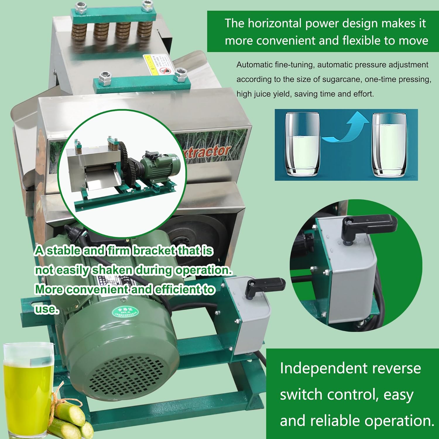 Commercial Electric Sugarcane Juicer 3-Roller Industrial Sugar Cane Press Machine 1760LBS/H High Output 220V Horizontal Stainless Steel Cane Juice Extractor Squeezer Auto Gap Adjustment