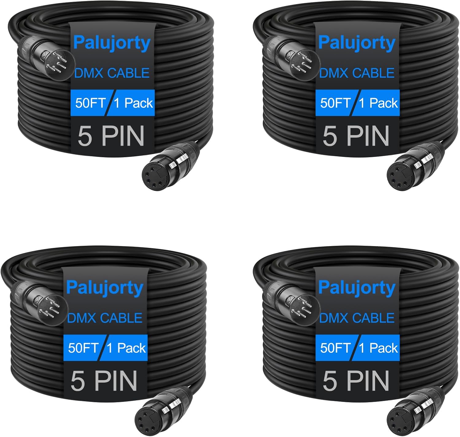 50 FT DMX Cable 4 Pack, 5 Pin DMX Cable for DJ DMX Lighting and Devices