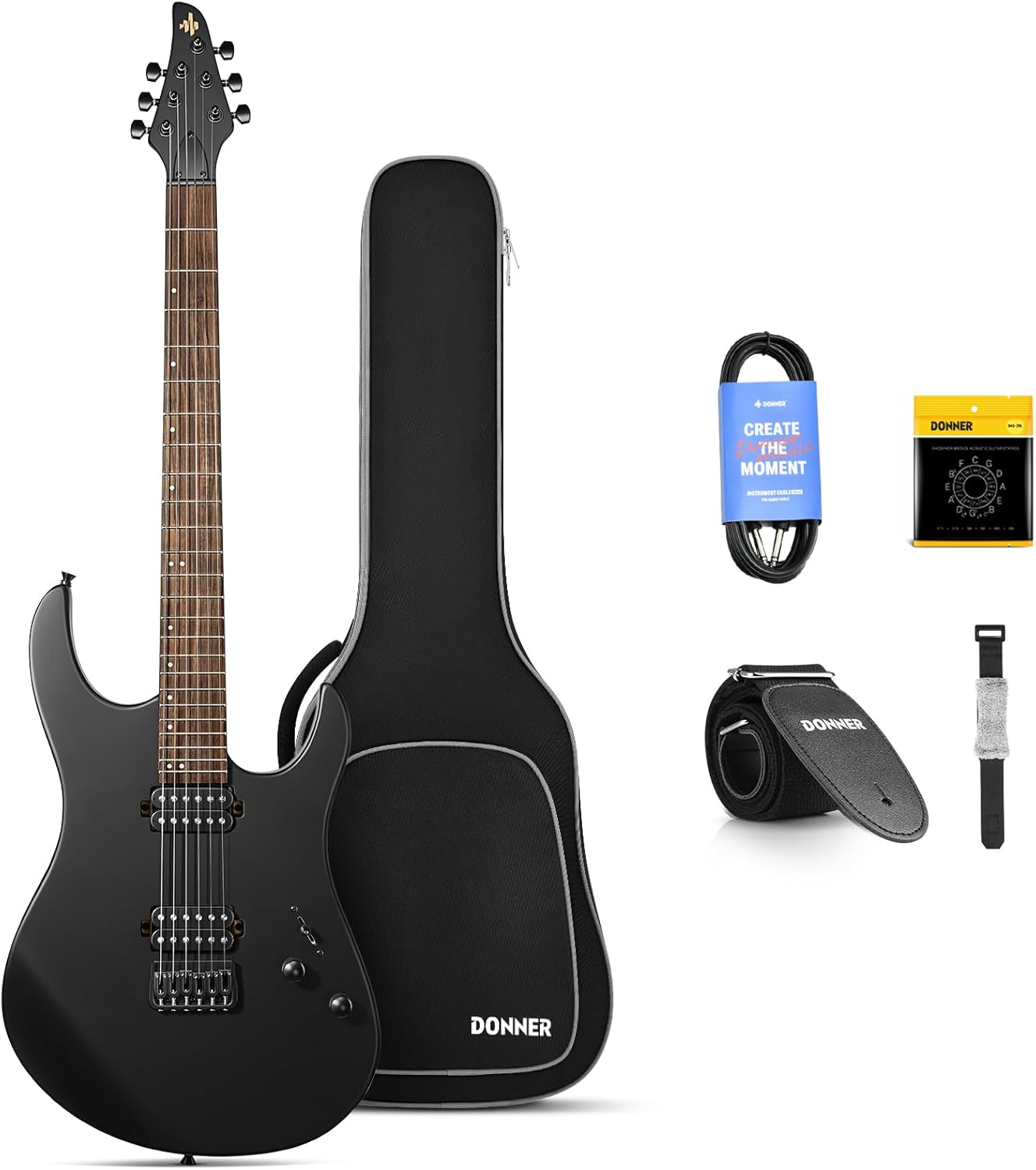Donner Solid Body Electric Guitar, Matte Finish 39 Inch Metal Electric Guitar Beginner Kits with Bag, Strings, Strap, Cable, Strings Dampener for Rock Music Lover, DMT-100 (Matte Black)