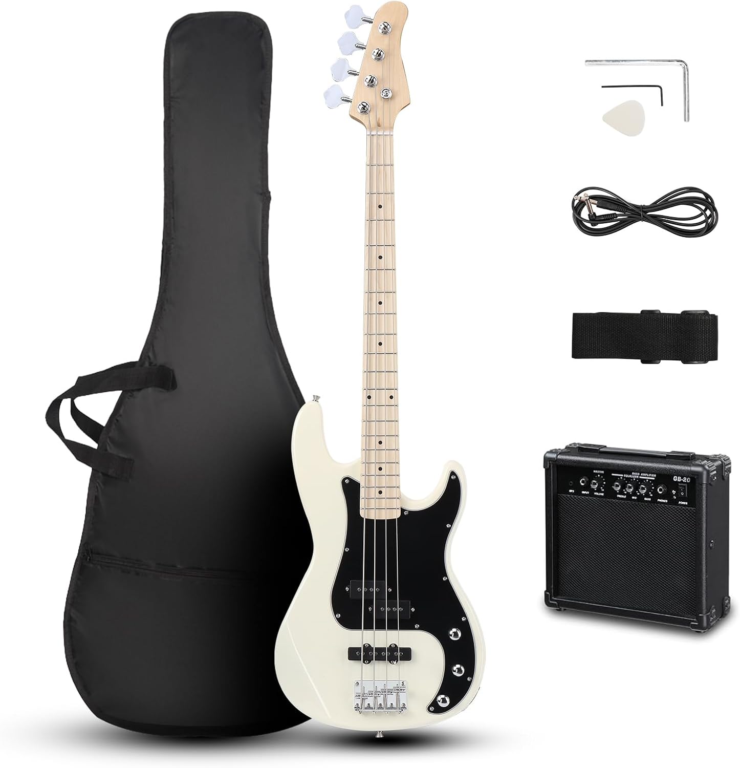 Ktaxon 4 String Bass Guitar, Bass Kit Full Size Guitar Starter Kit with 20W AMP, Portable Gip Bag, Premium Cable, Adjustable Guitar Strap, Picks and Wrench, Gift For Music Lover(Bass Set-White)