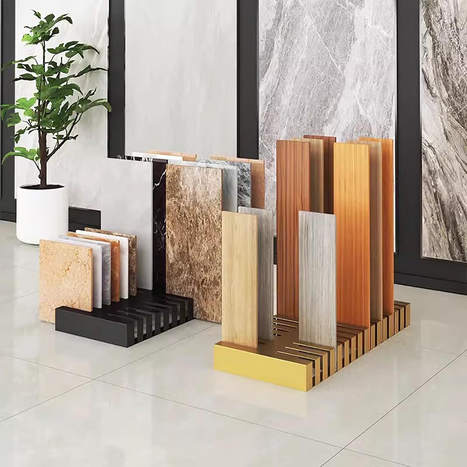 Floor Tile Display Stand,Wooden Floor Sample Holder,Sample Door Stand,Commercial Floor Tile Display Shelf for Retail Stores (Color : Gold, Size : Card Slot 2.1cm)