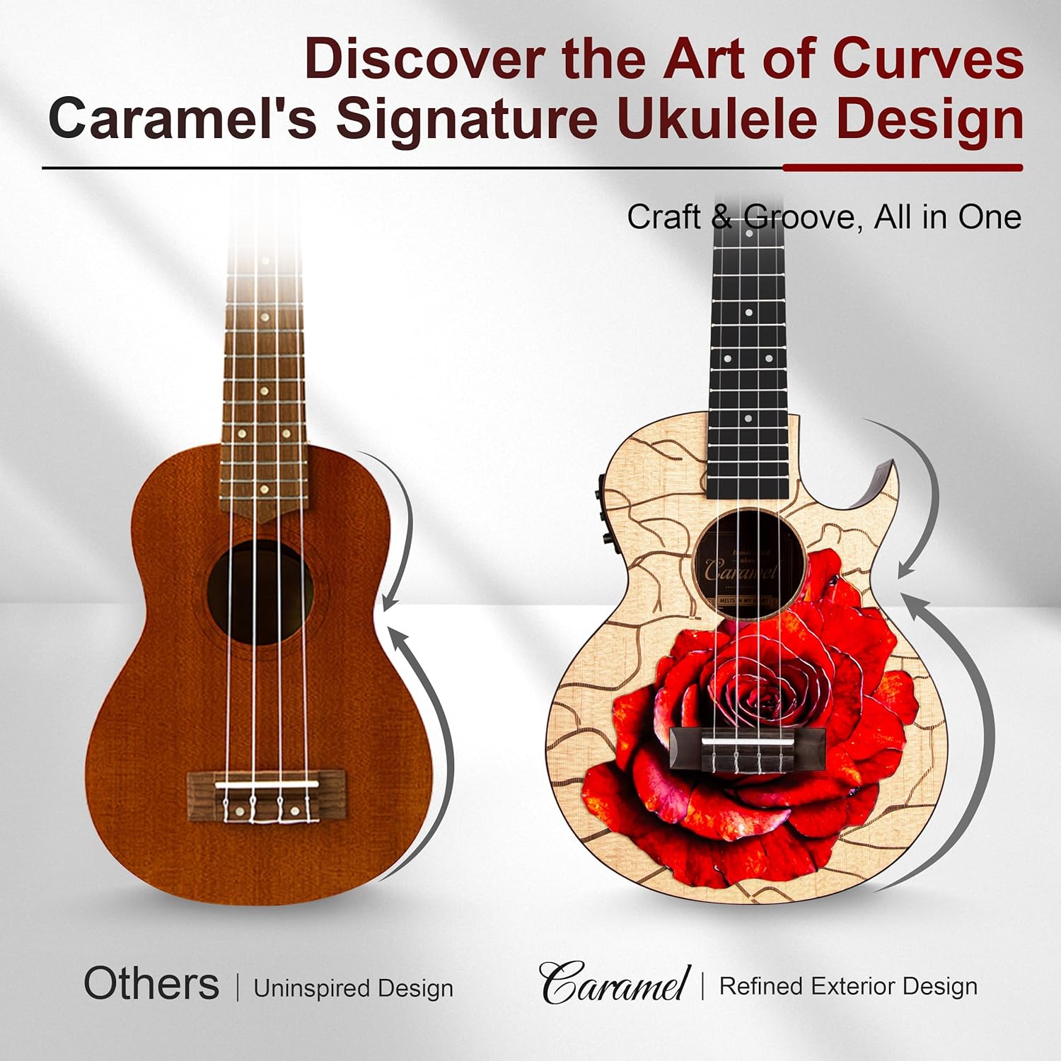 Caramel TEM39 26-inch Tenor Acoustic-Electric Ukulele with Florentine Cutaway, All Solid Spruce & Rosewood, Unique Rose Flower Decorative Top, Handmade Professional Ukulele Kit with Accessories