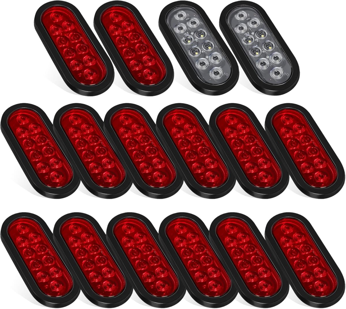 Partsam 16x Oval LED Trailer Tail Lights 10LEDs 6 Inch 14 Red 2 White Stop Brake Turn Reverse Backup Lights Sealed Flush Mount 3-pin Plug Rubber Grommet for Flatbed Truck Trailer RV 12V IP67