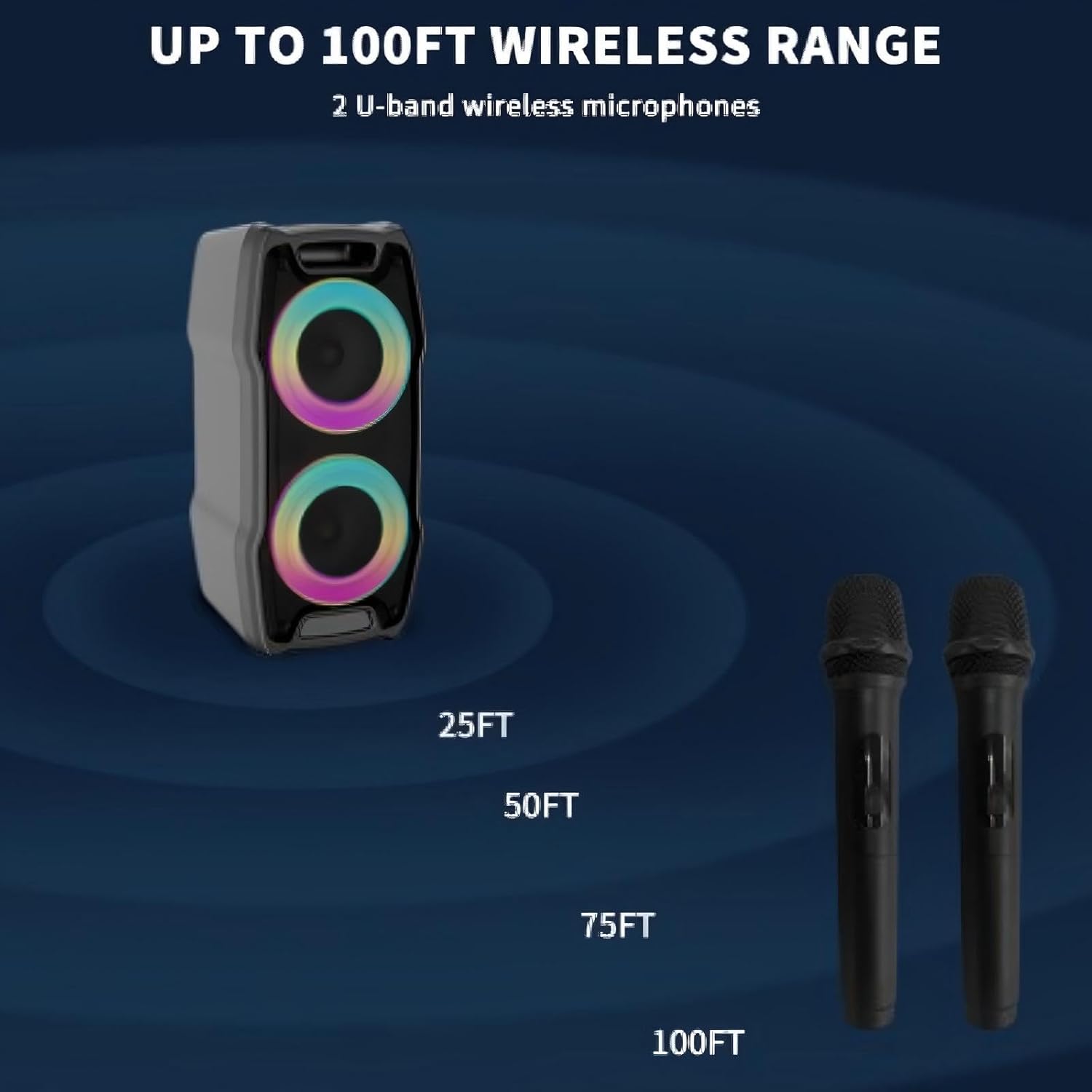 VeGue Karaoke Machine, Wireless Bluetooth PA System for Adults & Kids with Dual 8'' Subwoofers, 2 UHF Wireless Mics, Colorful LED Lights, Ideal for Home Karaoke, Party, Stage Performance (VS-0808)