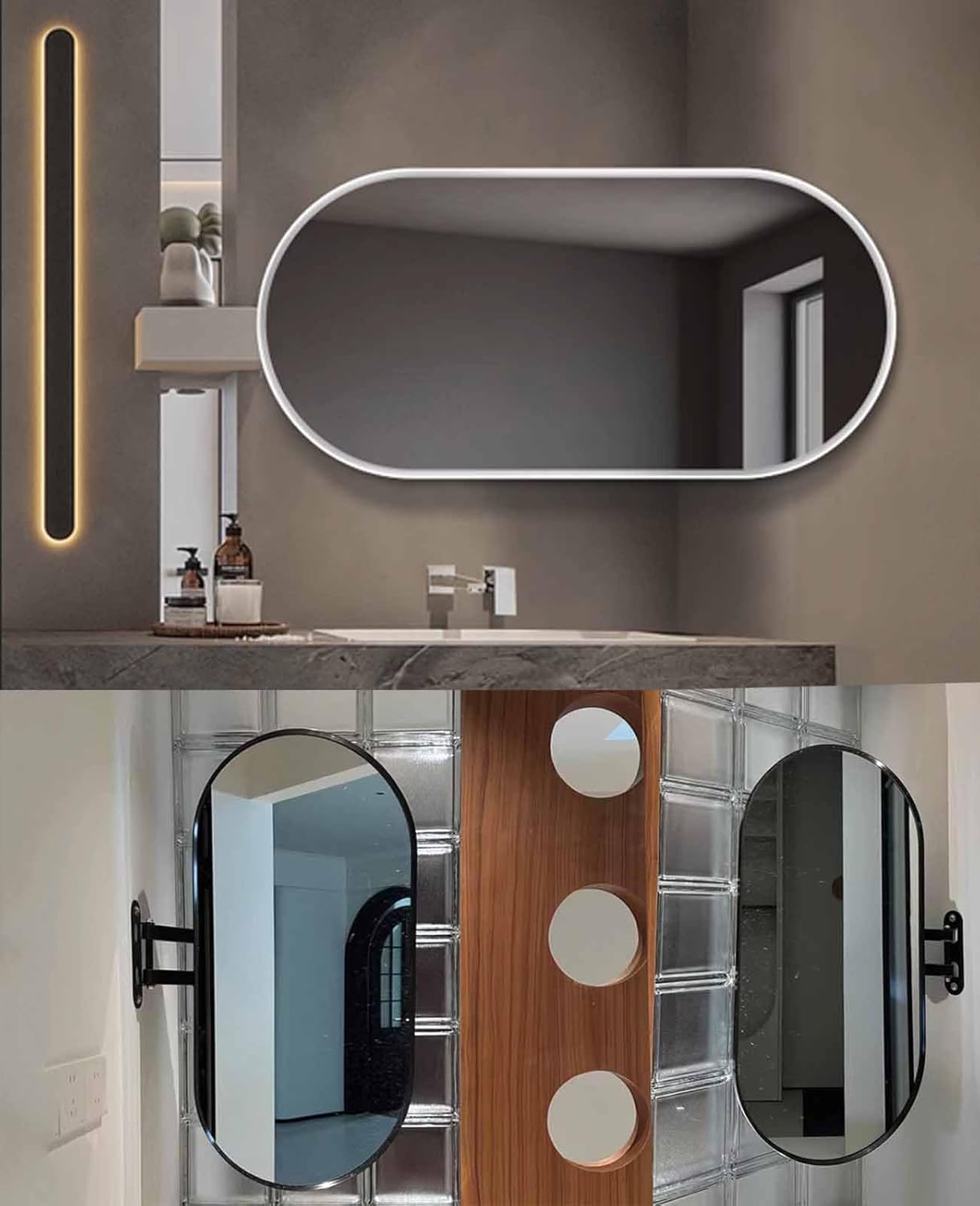 Swivel Corner Bathroom Mirror,Corner Vanity Mirror,Adjustable Arm Aluminum Frame Oval Wall Mount, for Makeup & Vanity, Shatterproof Tempered Glass,Black, 32X20 in