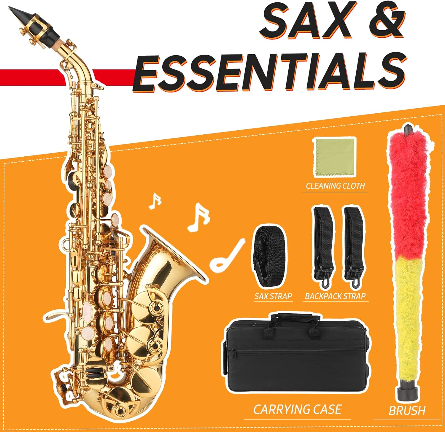 Bb Soprano Saxophone Gold Lacquer Brass Sax with Instrument Case Mouthpiece Neck Strap Cleaning Cloth Brush for Musicians Beginners