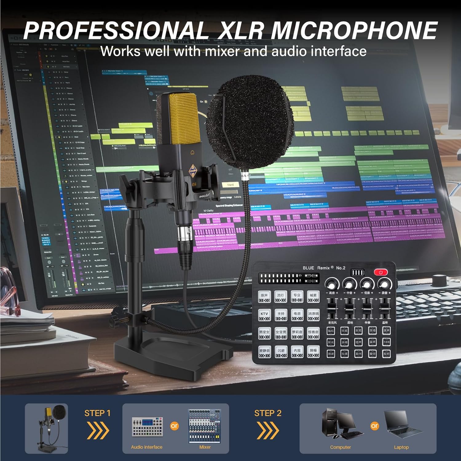 XLR Podcast Microphone Professional Cardioid Studio Condenser Microphone 25mm Large Diaphragm Computer PC Gaming Mic Kit with Upgrade Pop Filter for Vocal Recording,Streaming,YouTube C414